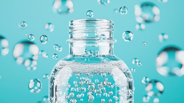 Fresh, clear micellar water in a transparent bottle with bubbles