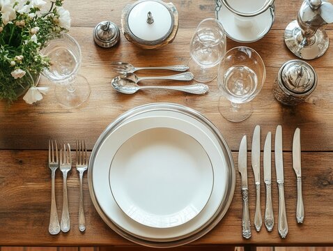 Neatly set dining table with arranged silverware and plates overhead shot soft light