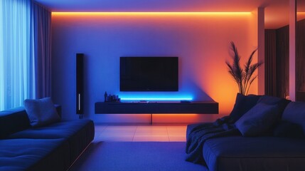 A mid-sized living room with LED lights, a black couch, grey walls, and a modern TV stand in the middle of the wall, with blue and orange lighting.
