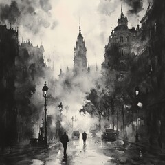 Watercolor Painting of a City Street with Fog Silhouettes and Lamp Posts