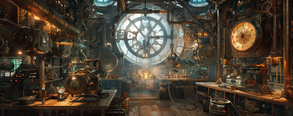 A steampunk laboratory filled with intricate gears, gadgets, and glowing elements creates fascinating atmosphere. detailed machinery and warm lighting evoke sense of wonder and creativity