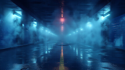 Naklejka premium Futuristic Scene With Neon Fluorescence Spheres On The Concrete Floor In The Smoke, Cyber Sci-Fi