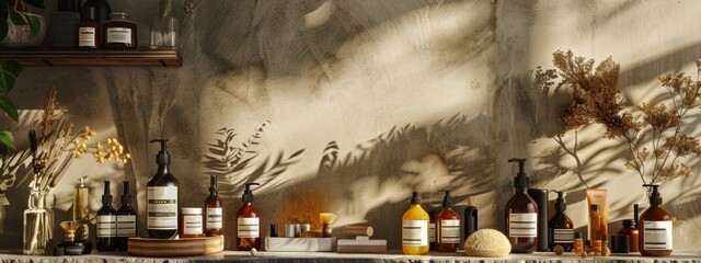 Fototapeta premium Natural beauty products displayed with shadow play on a rustic shelf
