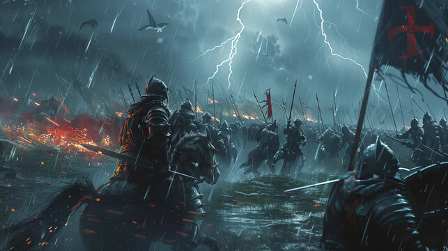 A stormy battlefield scene with medieval knights clashing amidst rain and lightning, creating dramatic and intense atmosphere. knights are engaged in battle, showcasing their armor and weapons