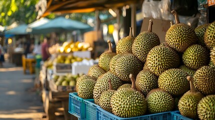 A close-up shot of a crate full of durian fruits, a popular tropical fruit in Southeast Asia. The durian fruits are stacked on top of each other, with the sharp, green spikes visible.
