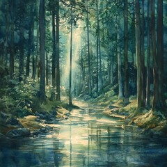 Watercolor Painting of a Forest Stream with Sunlight Through the Trees