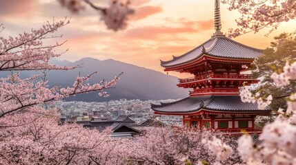 Fototapeta premium A high-resolution shot of cherry blossoms framed against a traditional Japanese building or temple, combining cultural architecture with the natural beauty of sakura.