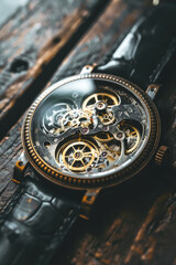 Close up of vintage wristwatch showcasing intricate exposed gears, highlighting craftsmanship and elegance of timekeeping. watch features black leather strap and detailed mechanical design