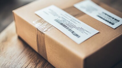 A brown cardboard package with shipping labels on a wooden surface.