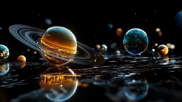3d planets with rings and their reflections in outer space