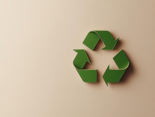 Flatlay of a simple green recycle symbol on a neutral beige background, minimalist eco-friendly design
