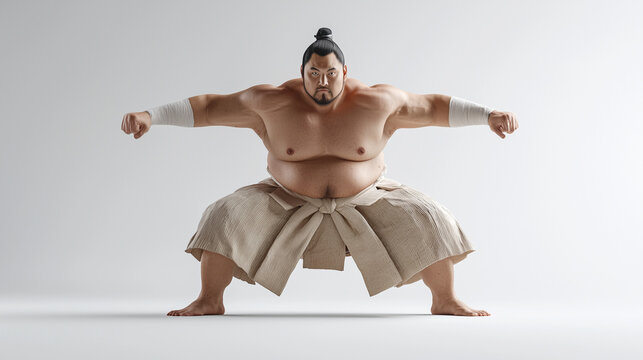 A sumo wrestler in mid-action pose, isolated on a clean white background, high realism