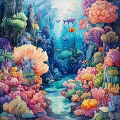 Naklejka premium Underwater Watercolor Painting of Colorful Coral Reef with Fish