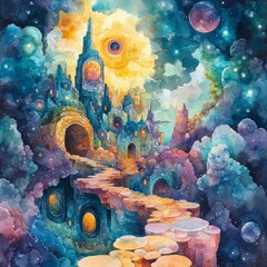 Fototapeta premium Watercolor Painting of a Fantasy City in the Clouds with Stars and Planets