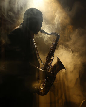 A jazz musician plays saxophone, surrounded by smoky atmosphere that enhances mood of performance. silhouette captures essence of music and emotion