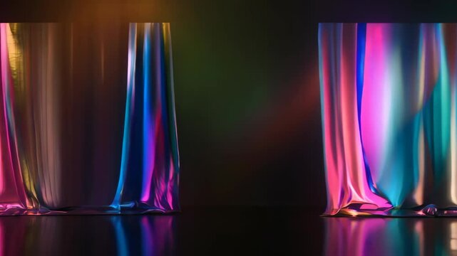 Elegant 3d curtains illuminated by smooth gradients of blue, purple, and pink lights, creating a modern and artistic atmosphere