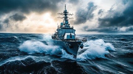 A large naval ship cutting through rough ocean waves, surrounded by a dramatic sky with storm clouds forming, emphasizing the power and resilience of the vessel.