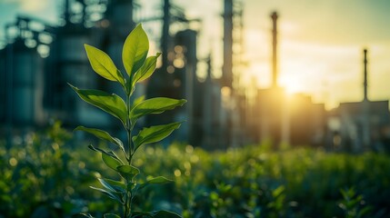 A small green tree with leaves growing in front of an industrial plant