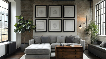 Modern living room with a cozy sofa, wooden coffee table, and framed artwork.