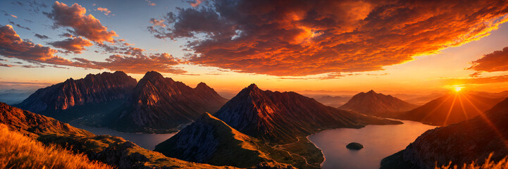 Fototapeta premium Panoramic sunset over mountain peaks with golden light and calm orange skies creating a serene and peaceful atmosphere perfect for capturing the tranquil beauty of nature in a relaxing summer evening 