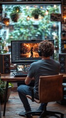 Fototapeta premium Person is sitting at a desk editing a video on a computer in a bright, plant-filled room