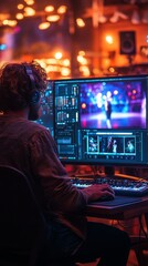 Person with headphones sits at a desk using multiple screens for audio-visual editing in a vibrant, lit room
