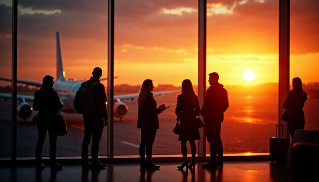 Silhouetted passengers at an airport window with a sunset-lit airliner, filled with travel excitement.