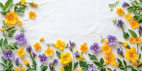 Flowers composition. Yellow and purple flowers on white background. Easter, spring, summer concept. Flat lay, top view