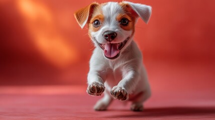 Small, enthusiastic puppy with brown and white fur is joyfully jumping on a vibrant red background, looking playful