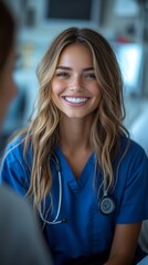 Fototapeta premium Smiling woman in a blue medical uniform with a stethoscope around her neck is sitting and looking at someone