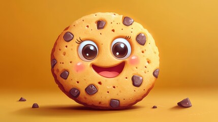 Smiling, animated chocolate chip cookie with big, cheerful eyes and rosy cheeks is surrounded by a few chocolate pieces