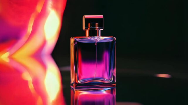 Glass bottle with perfume on a background of bright lights and flowers