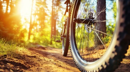 Fototapeta premium A close-up of a bicycle wheel on a dirt path in a sunlit forest.
