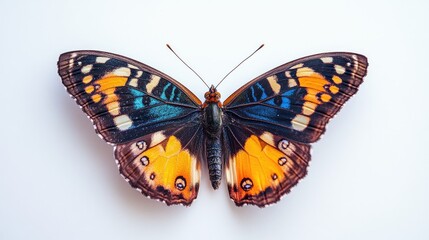 Obraz premium A macro shot of a colorful butterfly perched on a white background, with its vibrant wings spread open, displaying intricate patterns and textures.