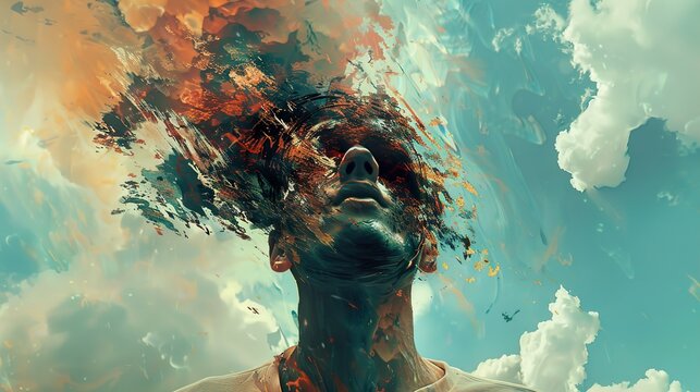 A surreal digital art painting of a person's head exploding into colorful abstract strokes against a blue sky.