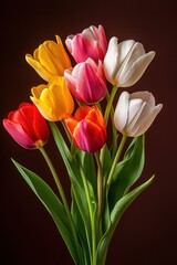 Fototapeta premium A vibrant bouquet of assorted tulips in red, yellow, pink, and white.
