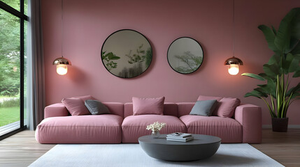 Modern living room with a pink sofa, round mirrors, and indoor plants.