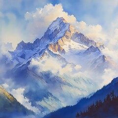 Majestic Mountain Peak Watercolor Painting   Clouds  Snow  Trees  Landscape Art