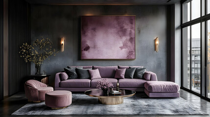 Modern living room with a plush purple sofa, stylish decor, and large windows.