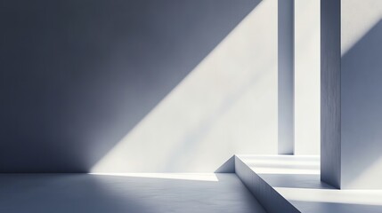 Fototapeta premium A minimal, white room with two large pillars and a small platform, illuminated by sunlight.