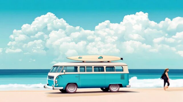 3d animation of a retro van with a surfboard on the roof on the beach with the ocean in the background