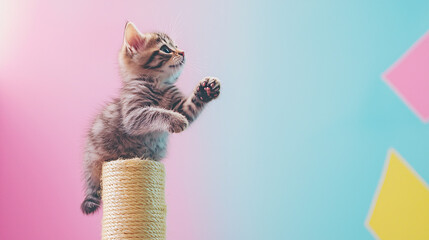 A kitten training to balance on a scratching post, captured from a high-angle view, in a vibrant, playful style, the pastel backdrop adding to the light-hearted and energetic feel of the scene 