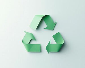 Obraz premium Recycle symbol made from soft green paper, centered on a light grey background, clean and minimalist