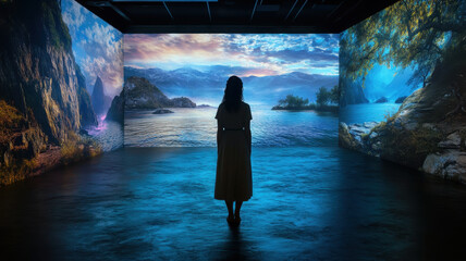 A woman stands in dimly lit room surrounded by immersive projections of stunning landscapes, evoking sense of wonder and tranquility. vibrant scenes of nature create captivating atmosphere