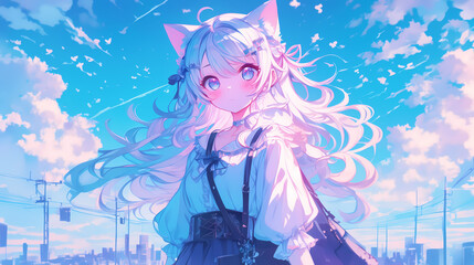 anime  cute  cat girl with cat ears and tail enjoys a sunny day outside against a blue sky with fluffy clouds