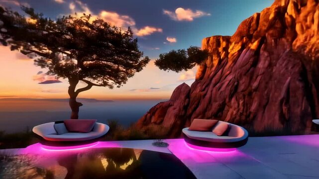 3D animation of a futuristic terrace with neon rings and furniture against a sunset background