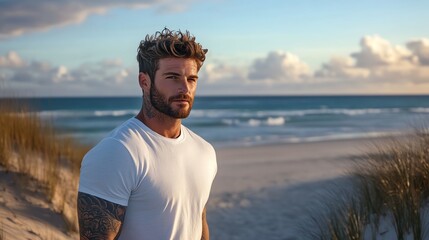 A bearded man with tattoos stands on a beach at sunset looking at the camera.