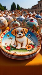 Obraz premium italienische Töpferware mit einem Hundemotiv auf einem Markt in Italien