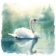 Fototapeta premium Watercolor Painting of a Graceful White Swan on a Tranquil Lake