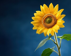 Obraz premium Vibrant sunflower blooming against a deep blue background.